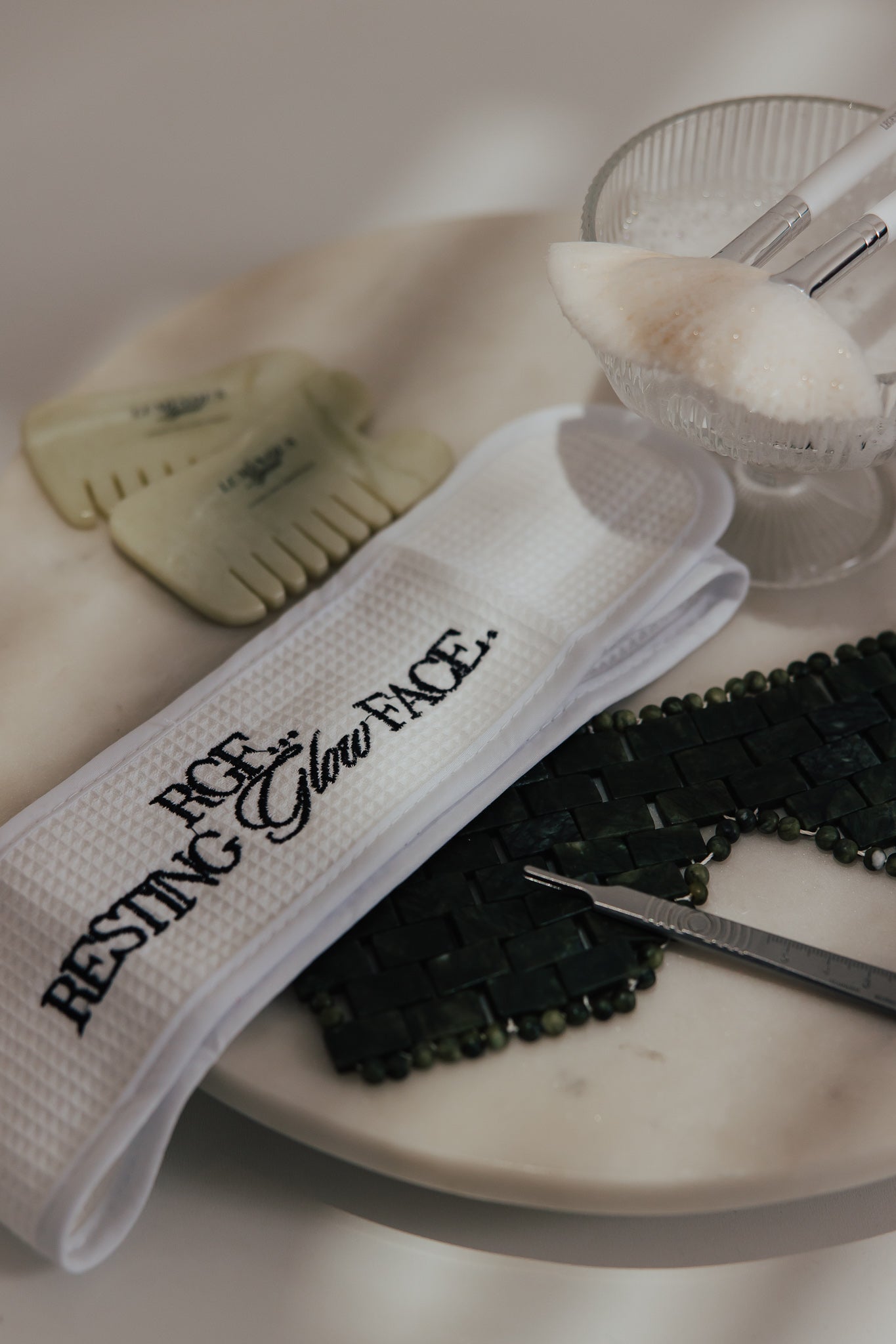 “RGF, RESTING GLOW FACE.” WAFFLE HEAD WRAP