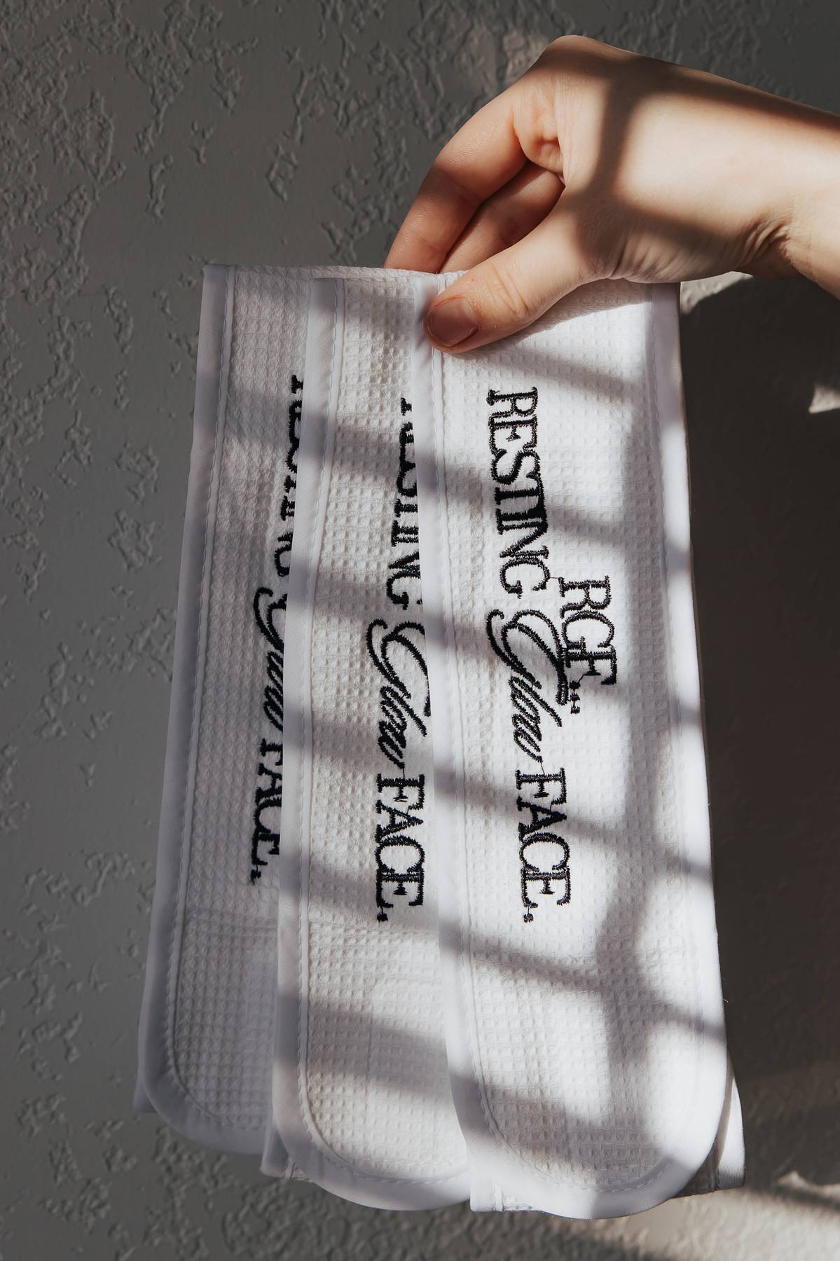 “RGF, RESTING GLOW FACE.” WAFFLE HEAD WRAP