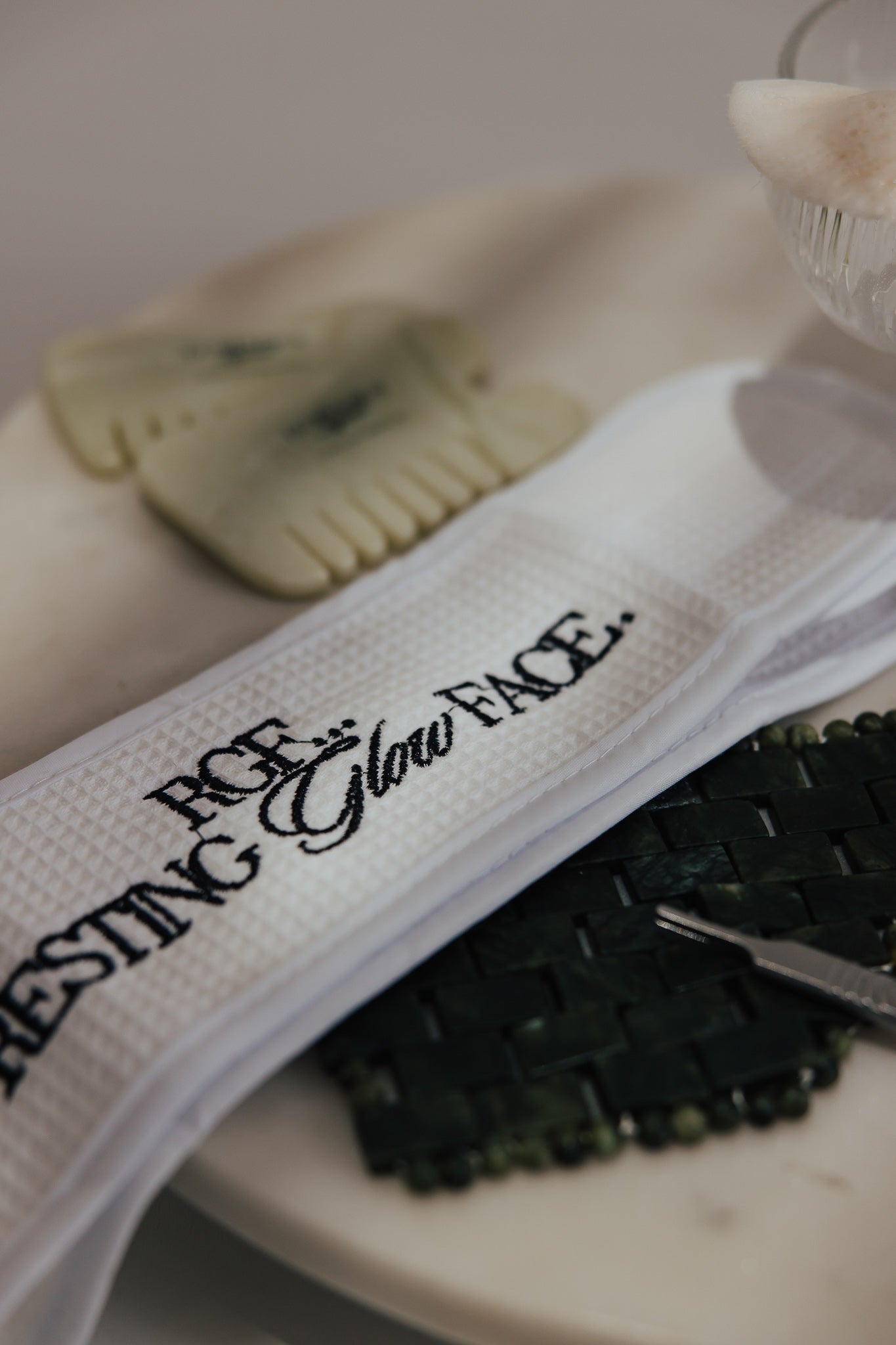 “RGF, RESTING GLOW FACE.” WAFFLE HEAD WRAP