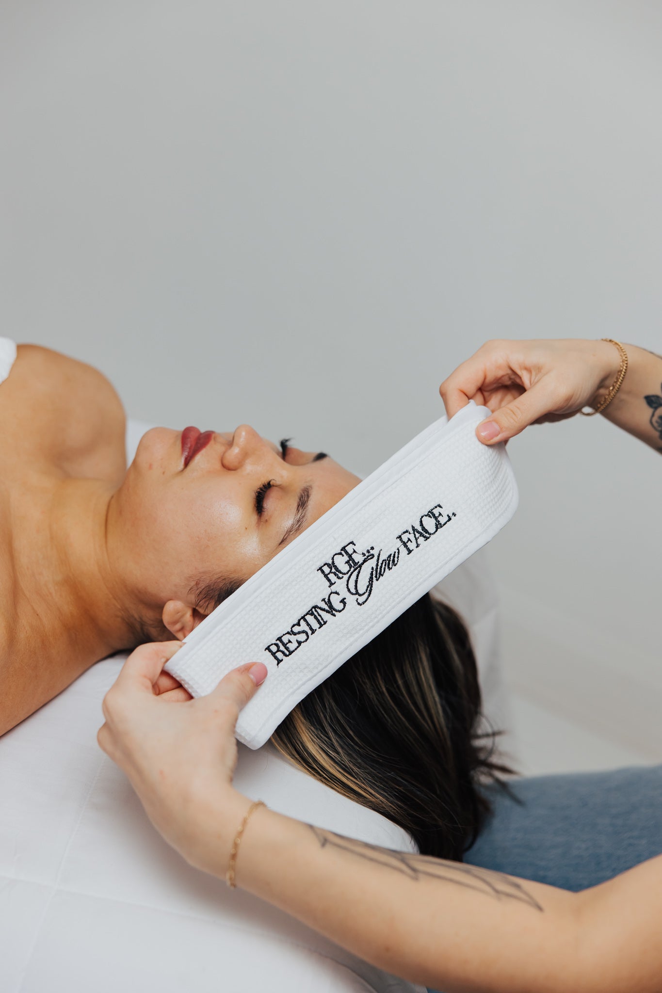 “RGF, RESTING GLOW FACE.” WAFFLE HEAD WRAP